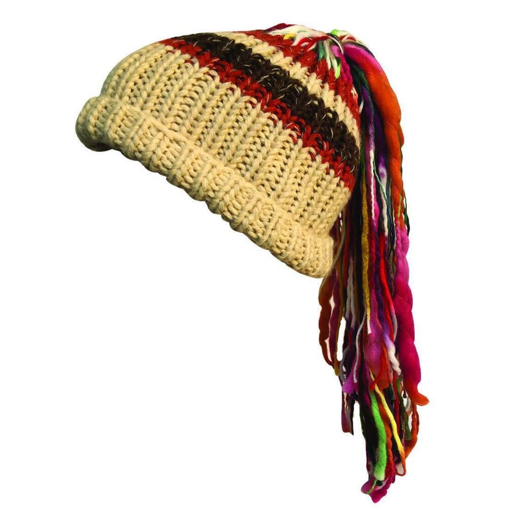 2471 / Barbarian Vagabond Knit Hat Wig Ponytail Beanie Funny Caps Beige